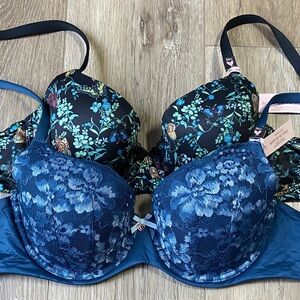 Victoria's Secret Body by Victoria Bra Blue Lace and Black Floral